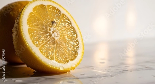 Obraz Fresh Lemon Half with Water Droplets on Marble Surface - Close-Up