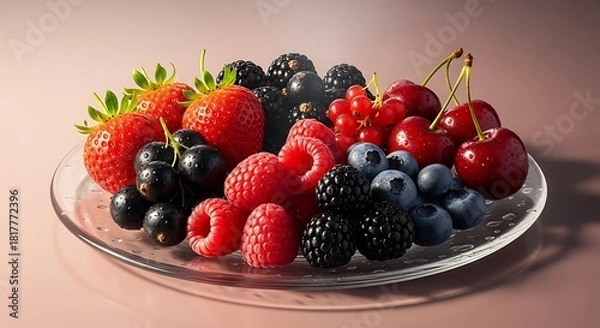 Obraz Assortment of Fresh Berries on a Glass Plate: Strawberries, Raspberries, Blueberries, Blackberries, Cherries and Currants