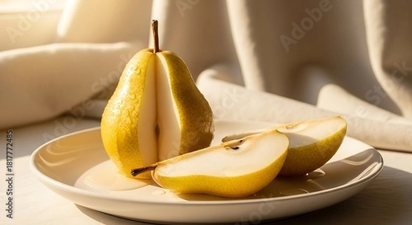 Obraz Delicious Yellow Pear Slices on White Plate in Soft Natural Light