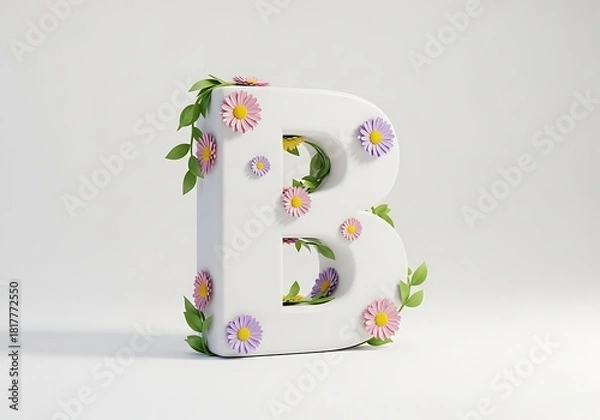 Fototapeta A 3D-rendered uppercase letter B standing on a white background, decorated with a few small daisy flowers in soft pink, purple, and yellow hues, scattered delicately along the edges and corners