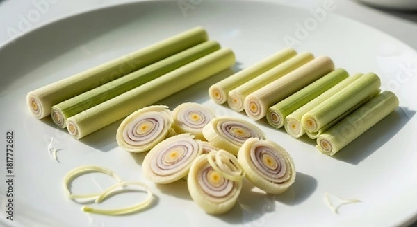 Obraz Fresh Lemongrass Stalks and Slices on White Plate, Close-Up