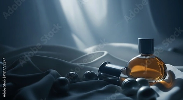 Obraz Elegant Perfume Bottle Still Life on Silk Fabric with Pearls