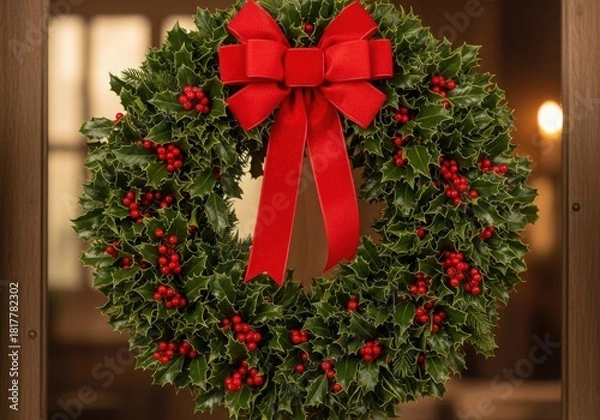 Obraz Holiday holly wreath with red bow and berries on a door