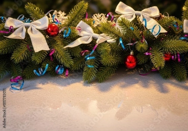 Obraz Seasonal fir garland with bows, red ornaments, and ribbon.