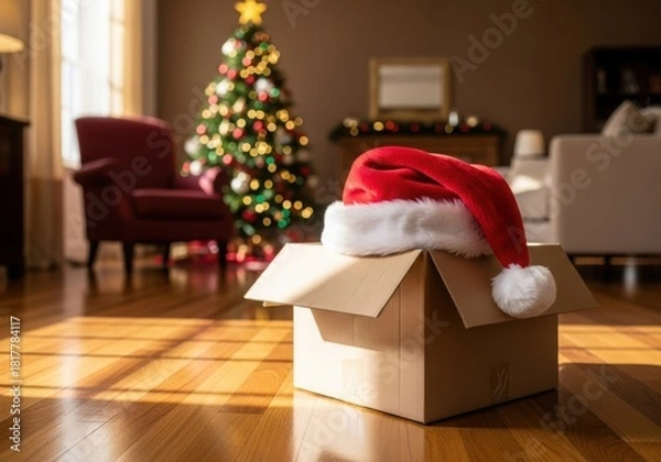 Obraz Santa hat on open cardboard box with festive christmas tree