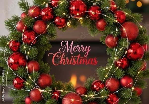 Obraz Merry christmas text on festive wreath with red baubles