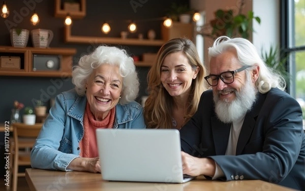 Obraz Group of three senior friends sitting in cafe in front of laptop. High quality