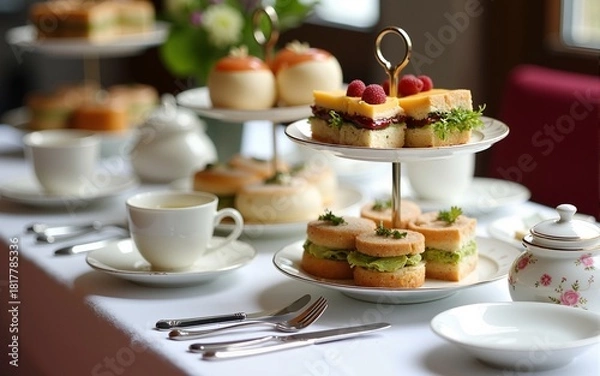 Obraz An exquisitely arranged afternoon tea set on a table featuring sandwiches and pastries, paired with fine china and elegant presentations, perfect for social gatherings and celebrations. High quality