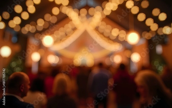 Fototapeta A warmly lit, festive atmosphere of a holiday party captured with a blurred effect for a bokeh background. High quality
