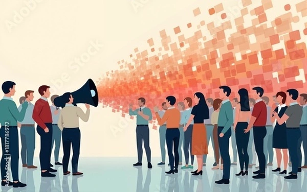 Obraz people crowd gathering in loudspeaker megaphone shape social media community announcement concept different occupation employees group standing together full length. High quality