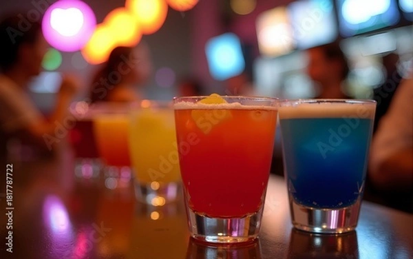 Fototapeta Colorful cocktails on a bar table with blurred people in background. High quality