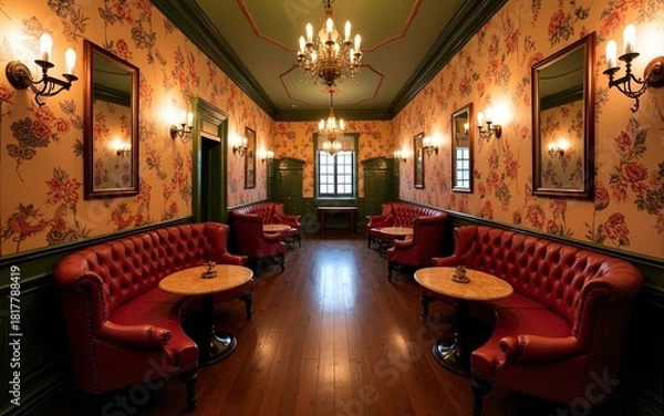 Fototapeta Cozy vintage lounge with floral wallpaper, plush seating, chandeliers, and a chic atmosphere, perfect for relaxation and social gatherings. High quality