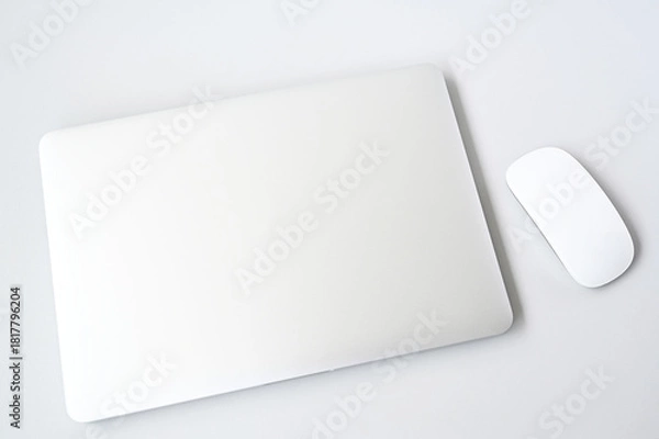 Fototapeta Laptop and Mouse on Clean White Table — Modern Minimal Office Flat Lay