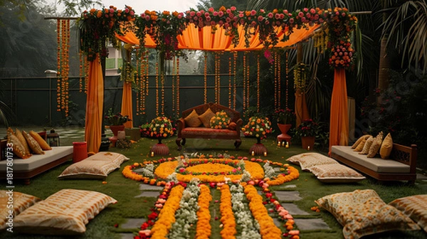 Obraz Garden Themed Haldi Setup with Beautiful flowers