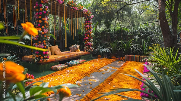 Obraz Garden Themed Haldi Setup with Amazing decor
