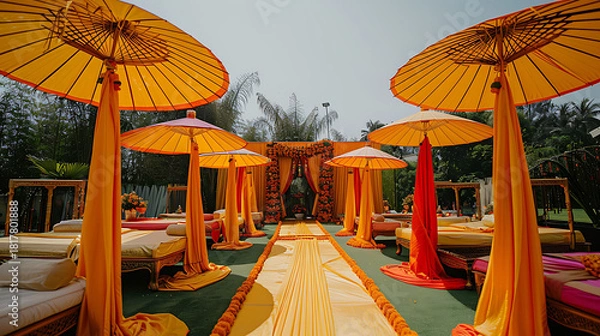 Obraz A Haldi setup with traditional  Indian  umbrellas