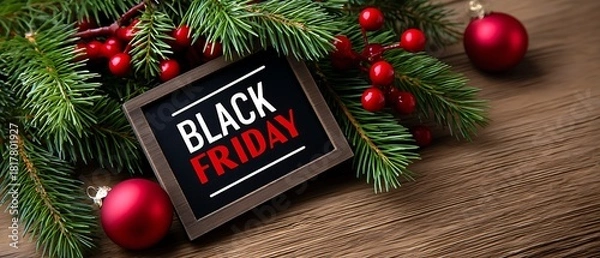 Obraz Black Friday Sale Announcement on Rustic Wooden Background with Christmas Decor