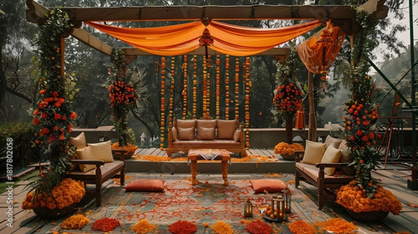 Obraz Haldi Stage Adorned with Banana Leaves and Traditional Decor
