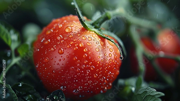 Obraz Detailed close-up image of a perfectly ripe tomato with vibrant color and smooth texture, ideal for food, produce, and freshness searches.
