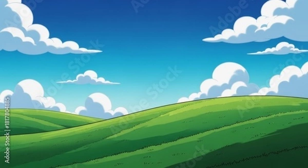 Fototapeta Cartoon illustration of rolling green hills under a bright blue sky filled with fluffy white clouds.