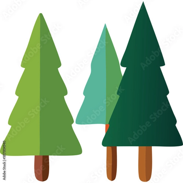 Obraz Stylized Evergreen Trees in Varying Shades of Green and Teal With Brown Trunks Against a Clean White Background