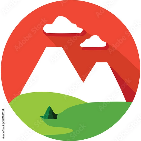 Obraz Stylized Digital Illustration of White Mountain Peaks Against a Vibrant Red Circular Sky with Fluffy Clouds Over Rolling Green Hills and a Small Tent Symbolizing Nature and Adventure