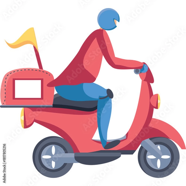 Obraz Stylized Delivery Person Riding a Red Scooter with a Yellow Flag and a Cargo Box on a Transparent Background