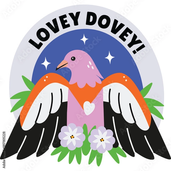 Obraz Stylized Dove With Lovey Dovey Text And Floral Accents In Vibrant Colors Isolated On Transparent Background