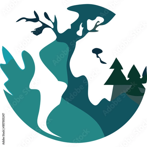 Obraz Stylized Earth Globe With Silhouette Tree Forest And Mountain Landscape In Teal Blue And Green Colors Graphic Art