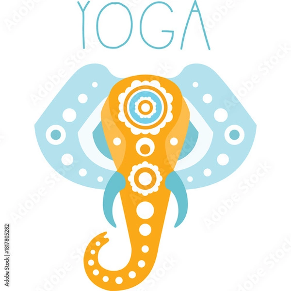 Obraz Stylized Elephant Head With Yoga Text Above And Decorative Ornaments Indicating Wellness And Balance In Light Blue And Orange Tones On Transparent Background