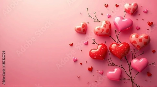 Fototapeta Colorful Heart-shaped Candies with Branches on Soft Pink Background for Valentine's Day Romantic Theme