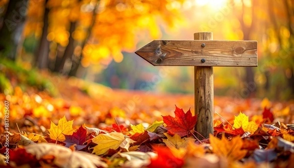 Obraz Rustic Wooden Signpost with Directions Standing Among Colorful Autumn Leaves in a Scenic Close-Up Forest Landscape
