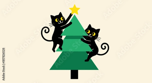 Fototapeta Festive Felines Black Cats Decorating a Christmas Tree with a Star Topper