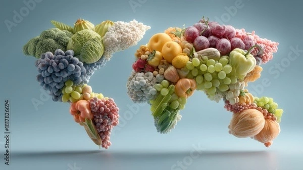 Obraz A colorful arrangement of fruits and vegetables shaped like continents, symbolizing global abundance and diversity in food.
