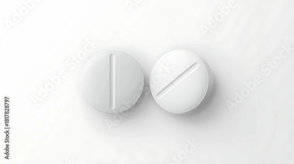 Obraz Two white oval pills with a dividing line on a white background