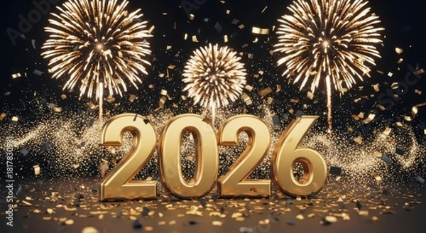 Obraz Golden 2026 New Year celebration with dazzling fireworks and confetti display