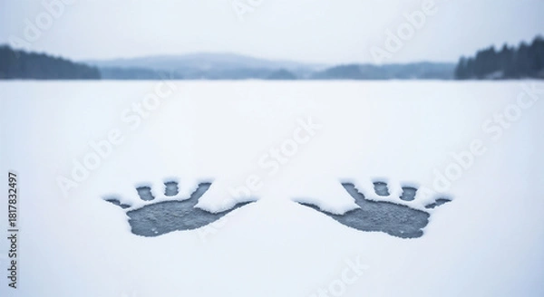 Fototapeta Handprints on snowy lake symbolizing solitude and presence