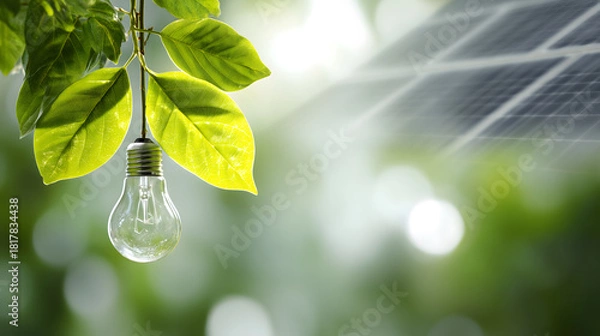 Fototapeta Glowing light bulb with a blurred green background, representing innovation and creativity in a natural setting.