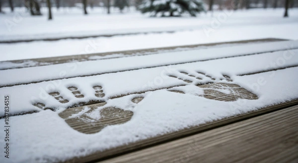 Obraz Handprints in snow on bench symbolizing memory and passing moments
