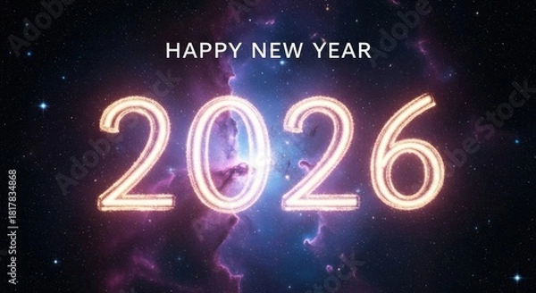 Obraz Sparkling Happy New Year 2026 Celebration against a Celestial Galaxy Backdrop
