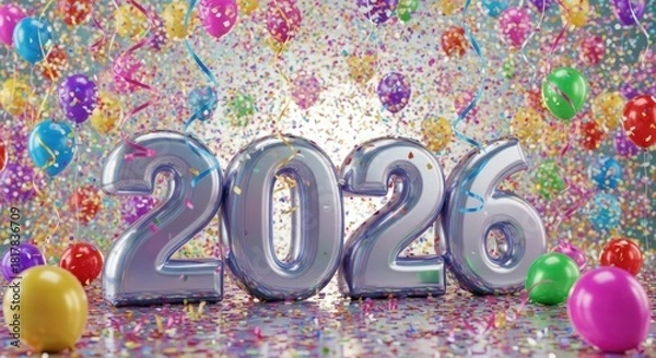 Fototapeta Festive 2026 New Year Celebration with Balloons and Confetti Extravaganza