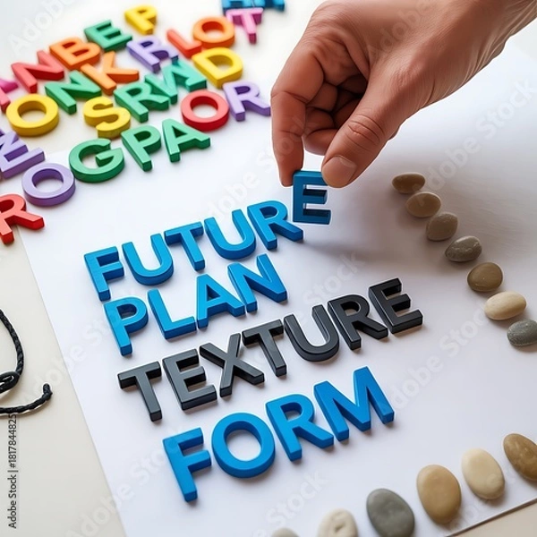 Obraz Hand arranging letters to spell future plan texture form