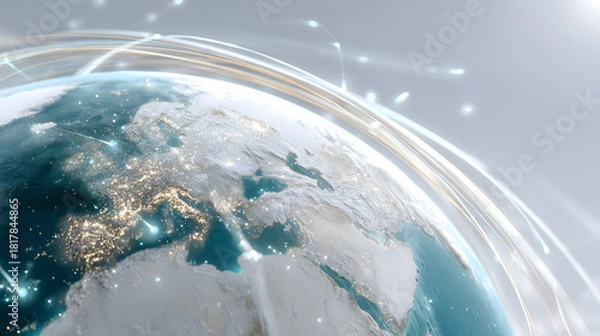 Obraz A digital illustration of planet earth as a blue sphere in space, a global business concept with communication technology