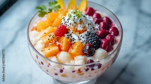 Fototapeta Refreshing Korean dessert topped with sweet red beans, mochi, fresh fruit slices, and condensed milk, served in a glass bowl on a marble table.
