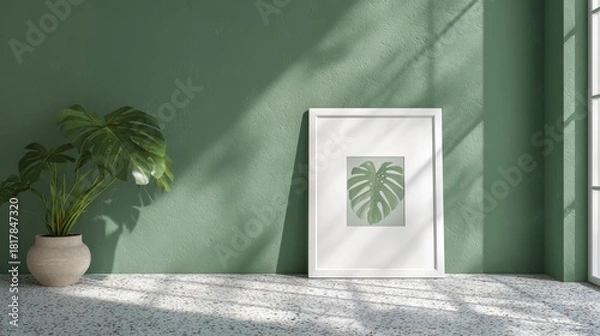 Fototapeta White picture frame template on sage green terrazzo wall with monstera leaf shadows and natural lighting