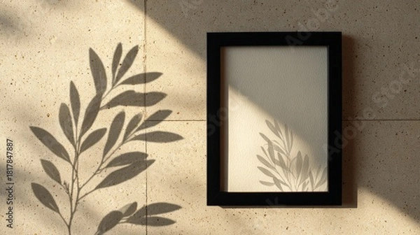 Fototapeta Black picture frame template on beige terrazzo surface with olive branch shadows and warm sunlight