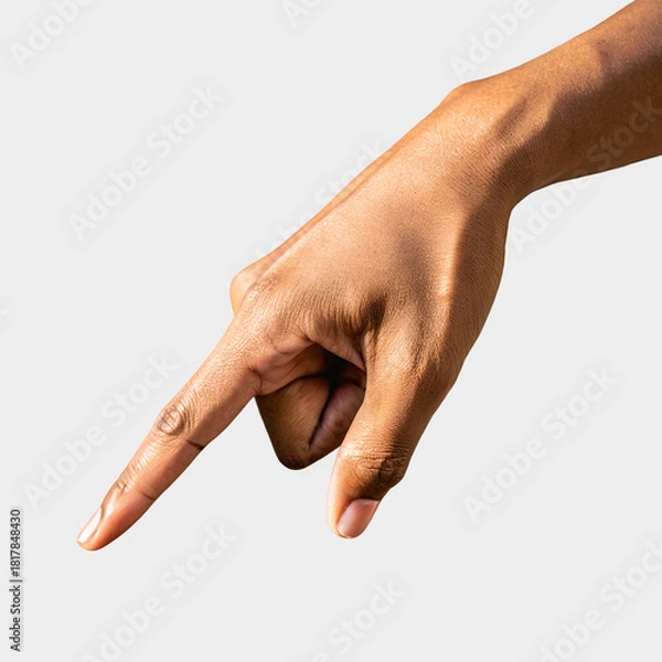 Obraz Isolated hand pointing downward on transparent background, perfect for design, UI indicators, instructions, and marketing visuals.