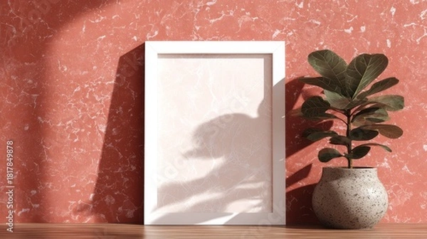Fototapeta White picture frame template on coral terrazzo wall with fiddle leaf fig shadows and natural textures