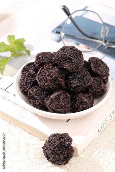 Obraz Dried Candied Plum Fruits Yongtai Style Preserved Snacks in White Bowl Food Photography