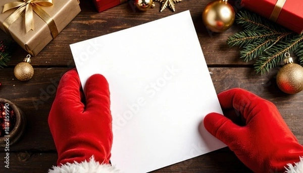 Fototapeta Close Up of Blank White Paper Held by Santa Against Holiday Decor
